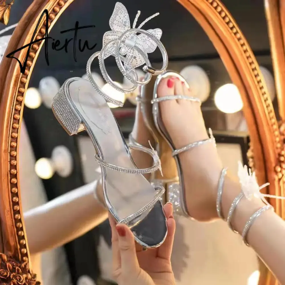 Summer New Women's Sandals Fashion Luxury Rhinestone Butterfly Snake Surround Chunky Heel Banquet Shoes