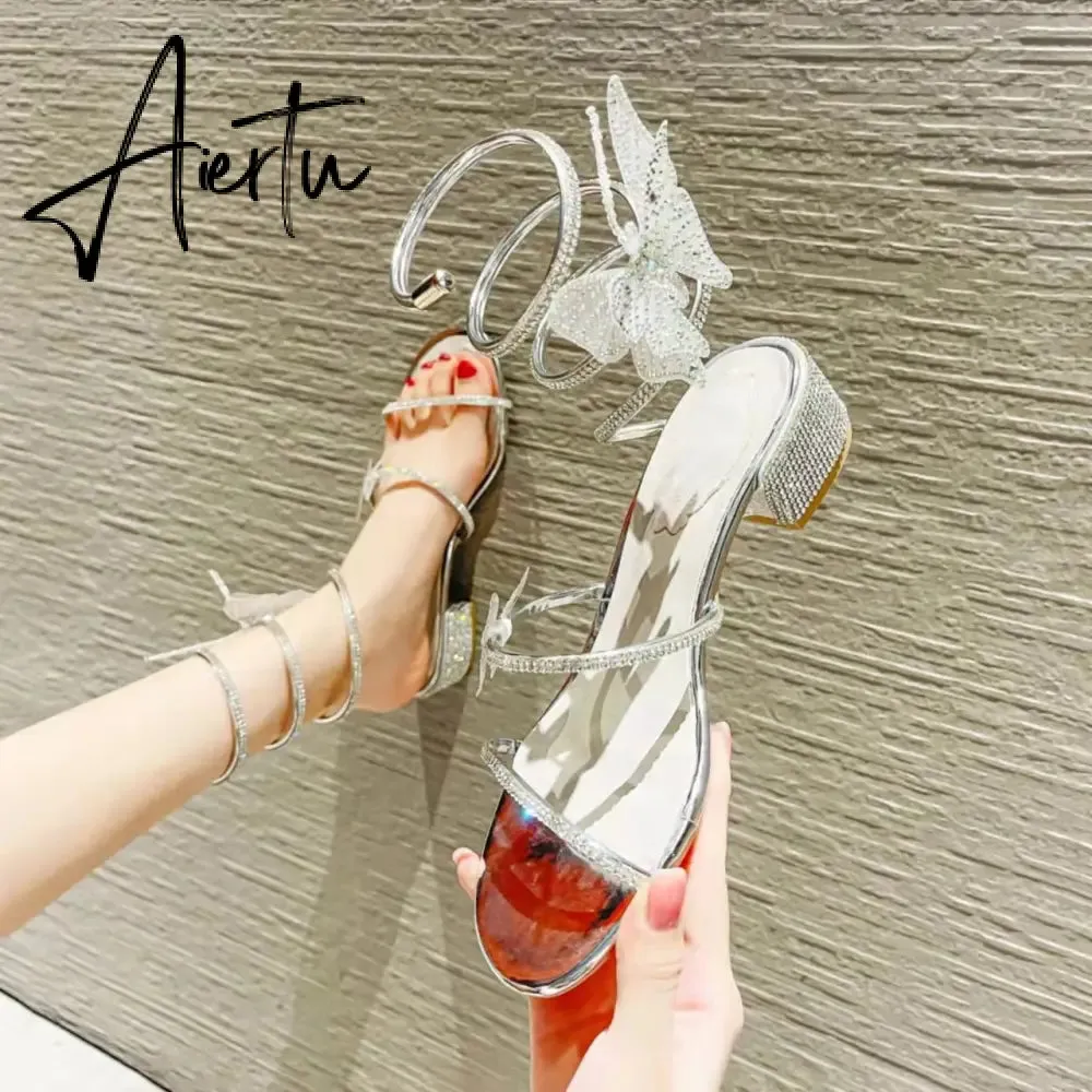 Summer New Women's Sandals Fashion Luxury Rhinestone Butterfly Snake Surround Chunky Heel Banquet Shoes