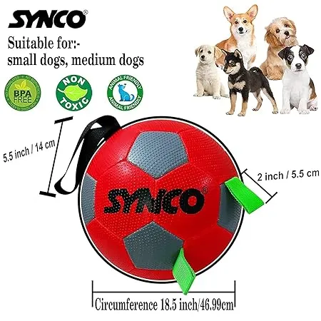 Synco Dog Toy Football with Green Holding Loops | Dog Ball Size-3 | Dog Toy Ball (RED)