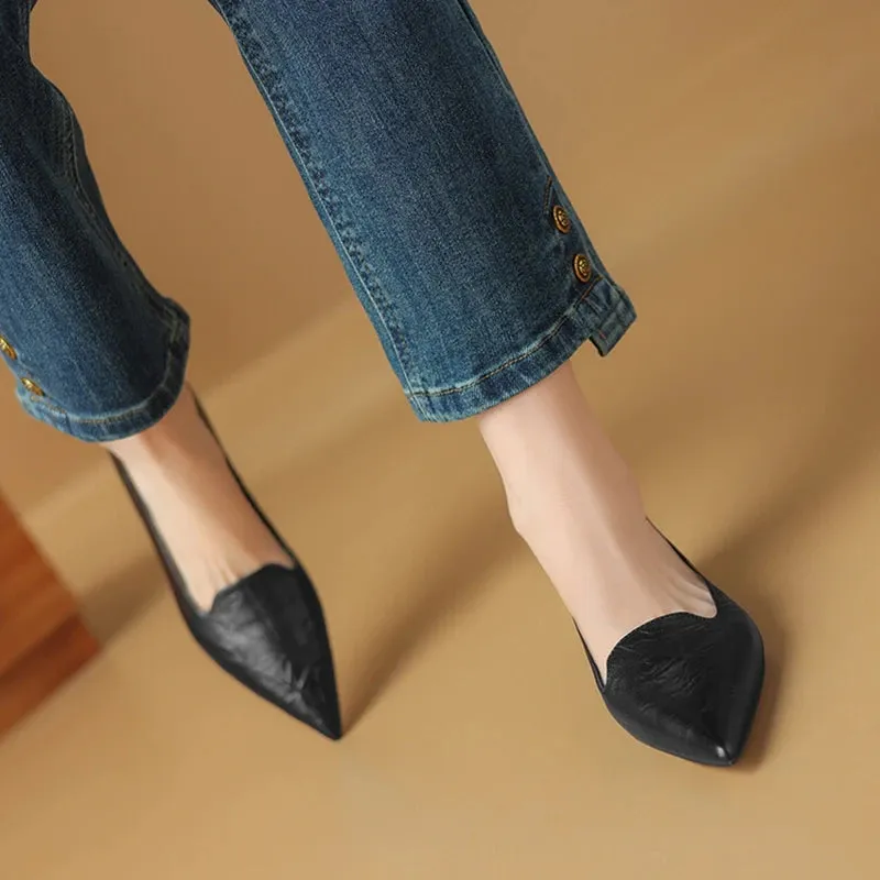 TAVIMART  -  NEW Spring/Autumn Women Pumps Split Leather Shoes for Women Pointed Toe Chunky Heel Shoes Concise Black Slip-on Handmade Shoes