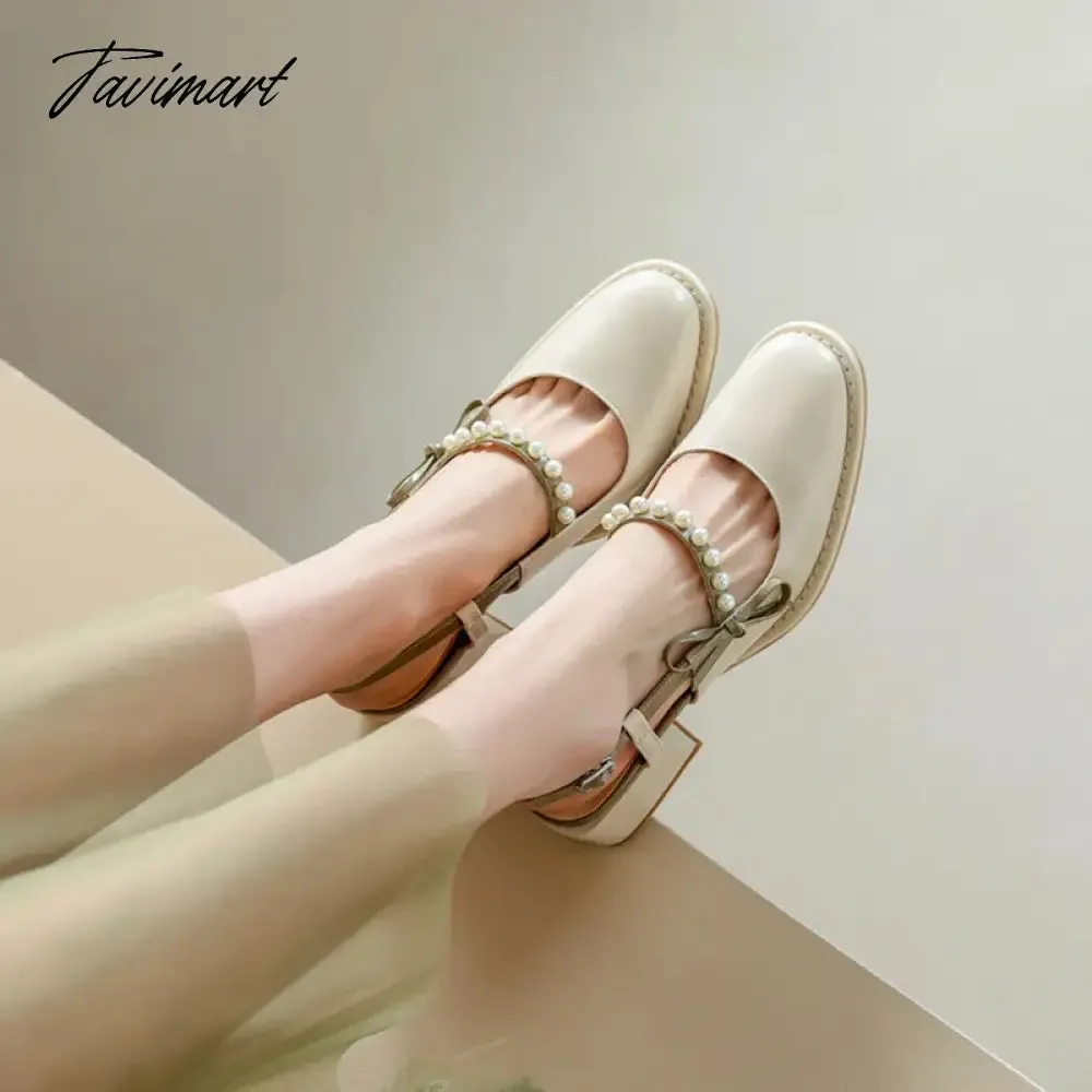 TAVIMART -  Spring/Summer Women Shoes Round Toe Chunky Heel Women Sandals Pearl Mary Janes Split Leather Shoes Concise Shoes for Women