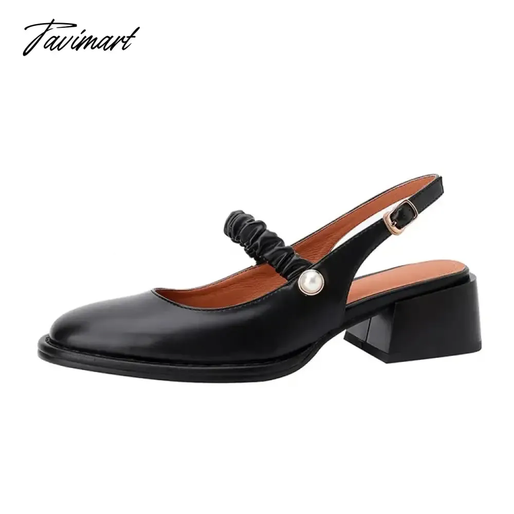 TAVIMART  Spring/Summer Women Shoes Round Toe Chunky Heel Women Sandals Solid Mary Janes Split Leather Shoes Concise Shoes for Women