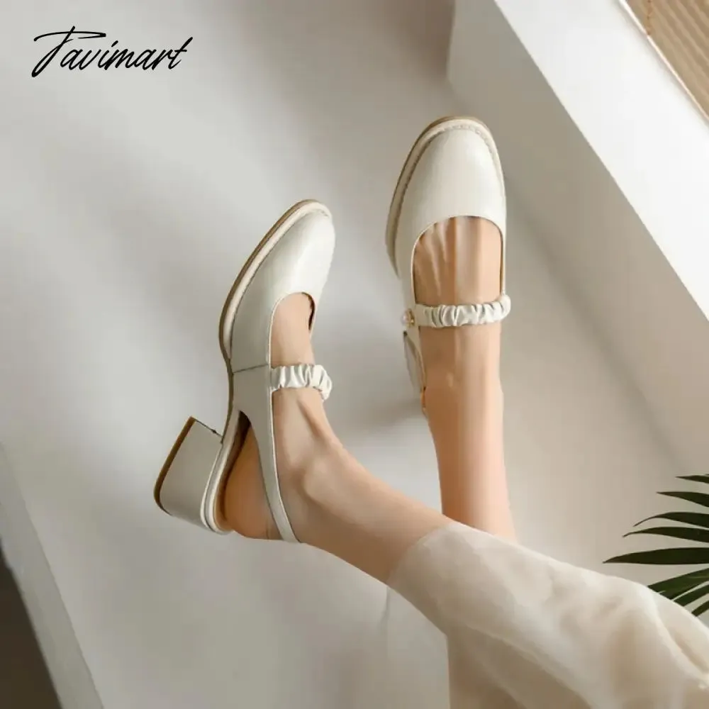 TAVIMART  Spring/Summer Women Shoes Round Toe Chunky Heel Women Sandals Solid Mary Janes Split Leather Shoes Concise Shoes for Women