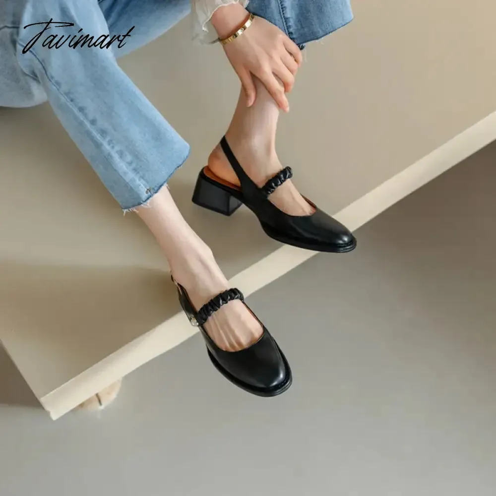 TAVIMART  Spring/Summer Women Shoes Round Toe Chunky Heel Women Sandals Solid Mary Janes Split Leather Shoes Concise Shoes for Women