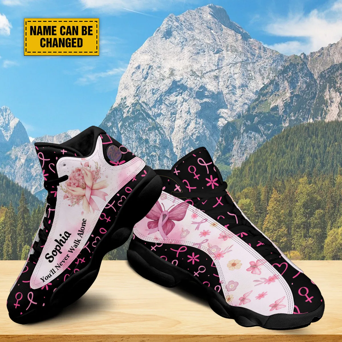 Teesdily | Customized You'll Never Walk Alone Basketball Shoes, Pink Ribbon Breast Cancer Awareness Month Shoes, Support Cancer Fighter Gifts