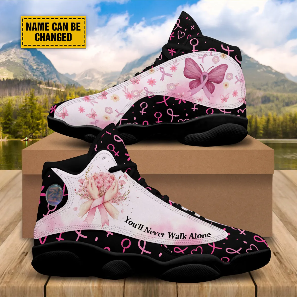 Teesdily | Customized You'll Never Walk Alone Basketball Shoes, Pink Ribbon Breast Cancer Awareness Month Shoes, Support Cancer Fighter Gifts