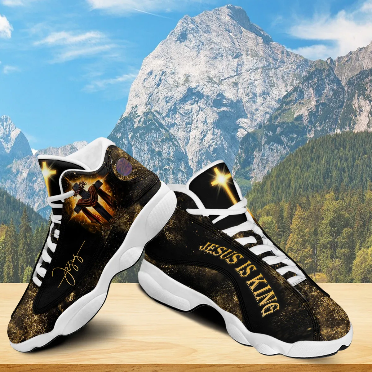 Teesdily | Jesus Cross Basketball Shoes, Jesus Is King Sparkle Cross Running Shoes, Christian Unisex Basketball Shoes, Faith Believers Gifts