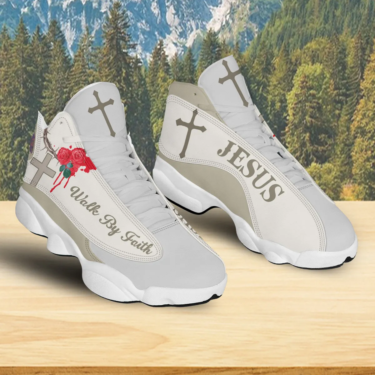 Teesdily | Jesus Crown Rose Basketball Shoes, Walk By Faith Basketball Shoes With Thick Soles, Cross And Rose Unisex Shoes, Christian Gifts