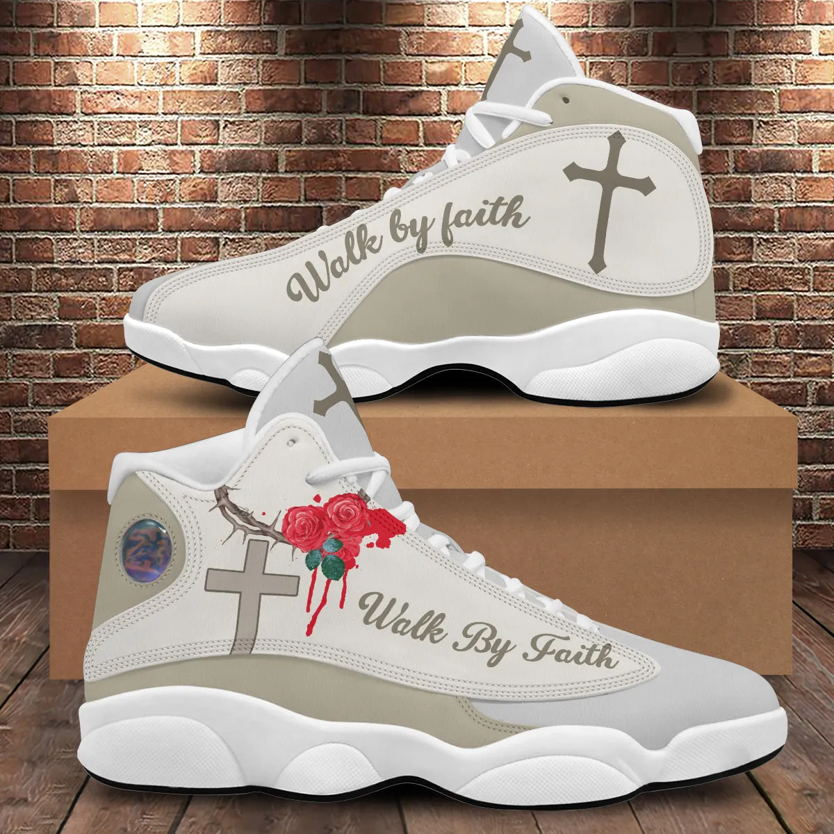 Teesdily | Jesus Crown Rose Basketball Shoes, Walk By Faith Basketball Shoes With Thick Soles, Cross And Rose Unisex Shoes, Christian Gifts