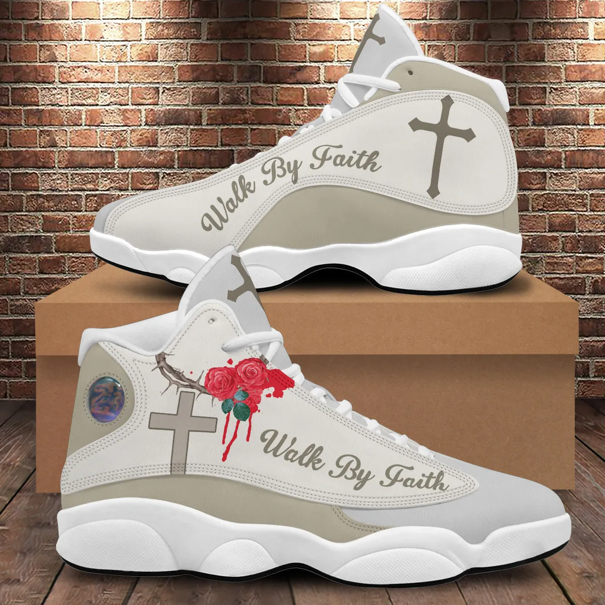 Teesdily | Jesus Crown Rose Basketball Shoes, Walk By Faith Basketball Shoes With Thick Soles, Cross And Rose Unisex Shoes, Christian Gifts