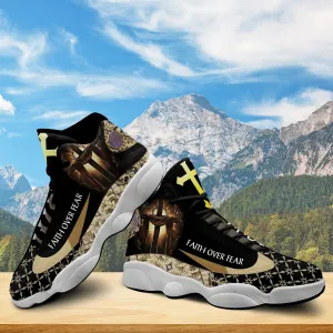 Teesdily | Jesus Faith Over Fear Basketball Shoes, Jesus Cross Art Running Shoes, Christian Religious Gifts Unisex Basketball Shoes With Thick Soles