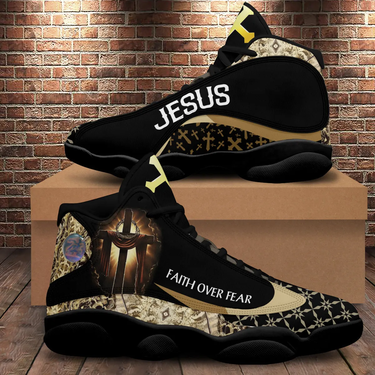 Teesdily | Jesus Faith Over Fear Basketball Shoes, Jesus Cross Art Running Shoes, Christian Religious Gifts Unisex Basketball Shoes With Thick Soles