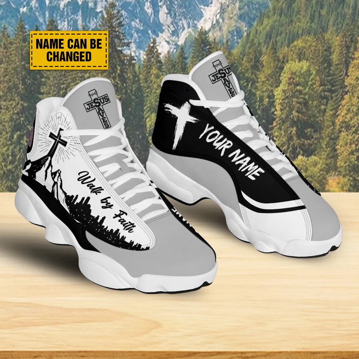 Teesdily | Personalized Jesus Walk By Faith Basketball Shoes, Jesus Cross Mountain Basketball Shoes, Christian Footwear Unisex Basketball Shoes