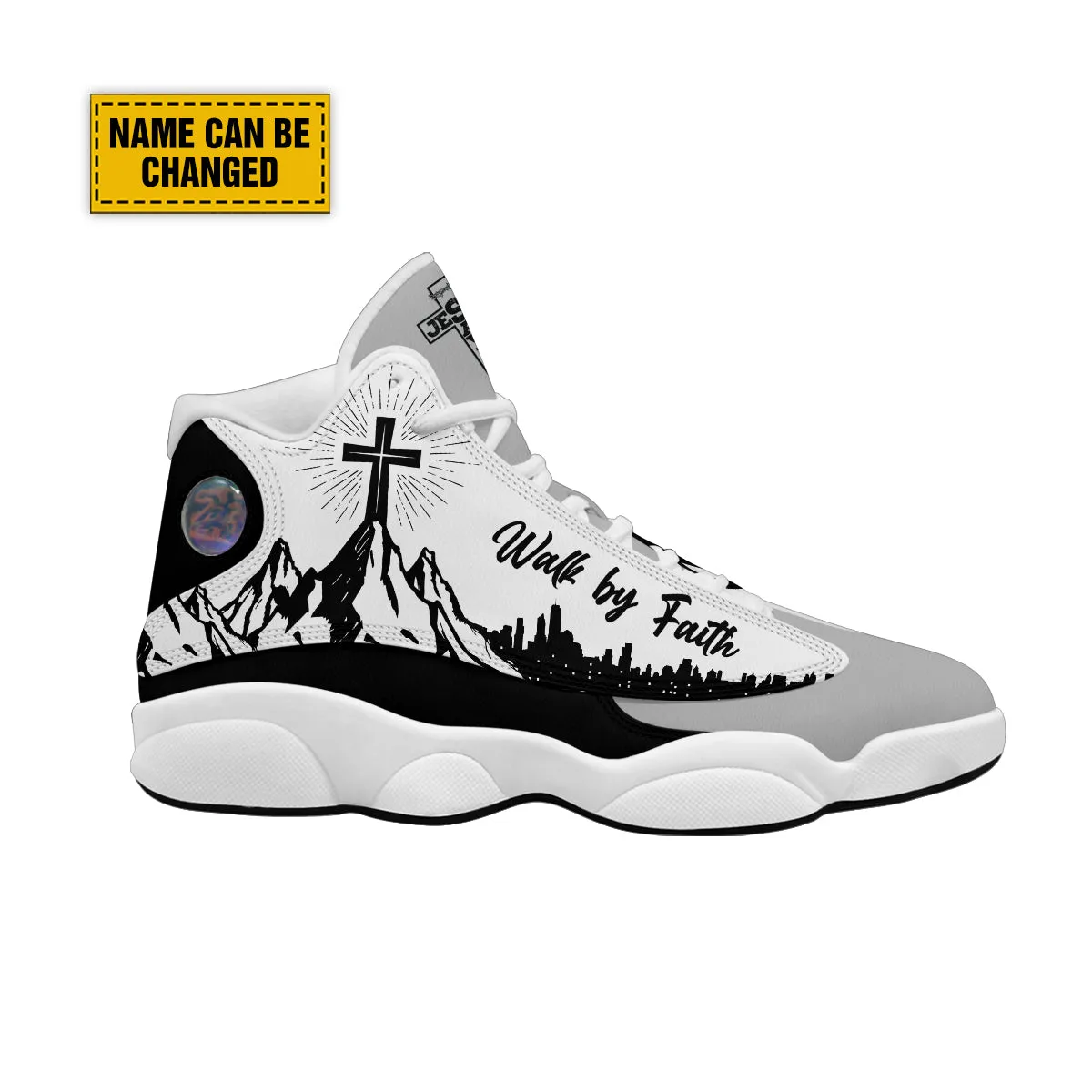 Teesdily | Personalized Jesus Walk By Faith Basketball Shoes, Jesus Cross Mountain Basketball Shoes, Christian Footwear Unisex Basketball Shoes