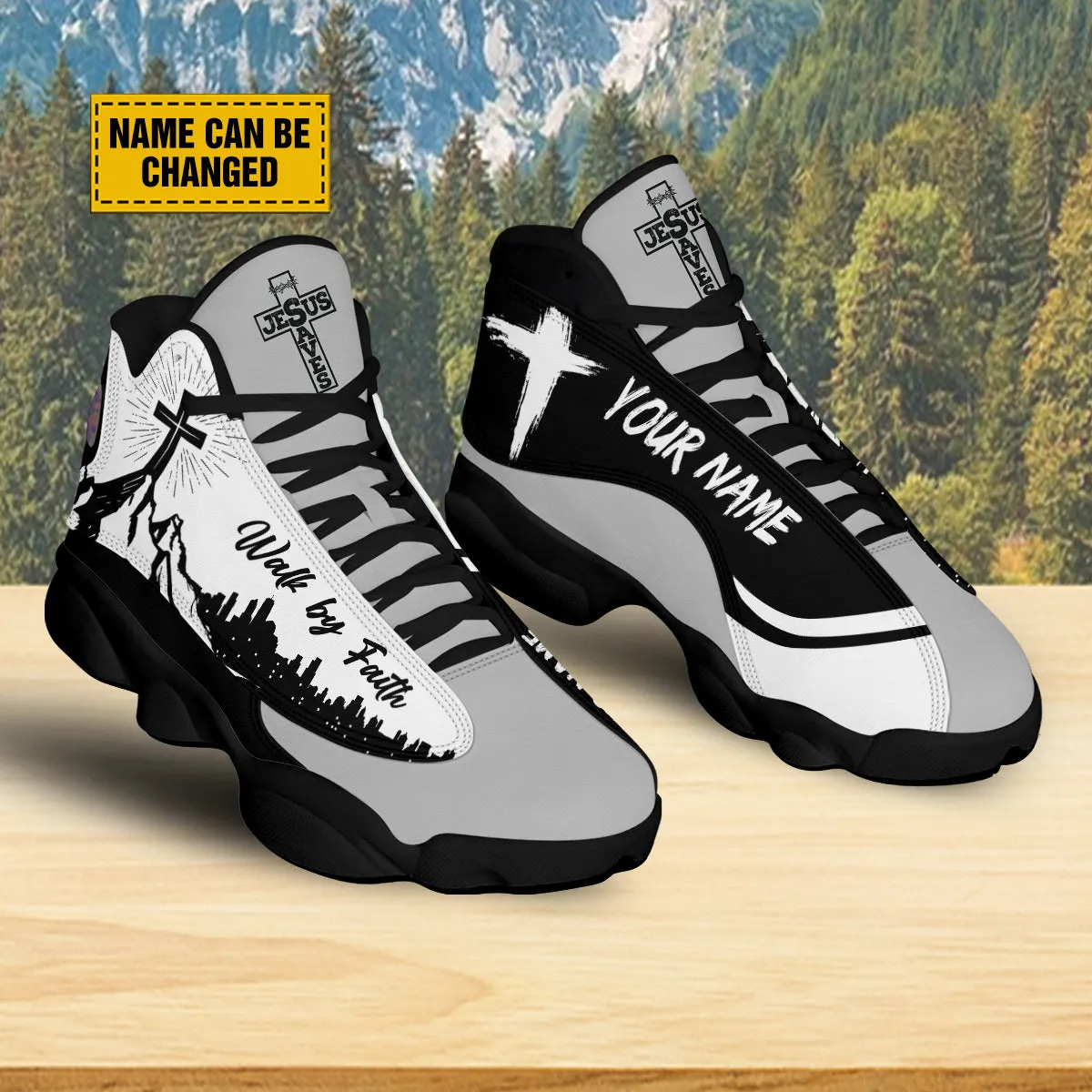 Teesdily | Personalized Jesus Walk By Faith Basketball Shoes, Jesus Cross Mountain Basketball Shoes, Christian Footwear Unisex Basketball Shoes