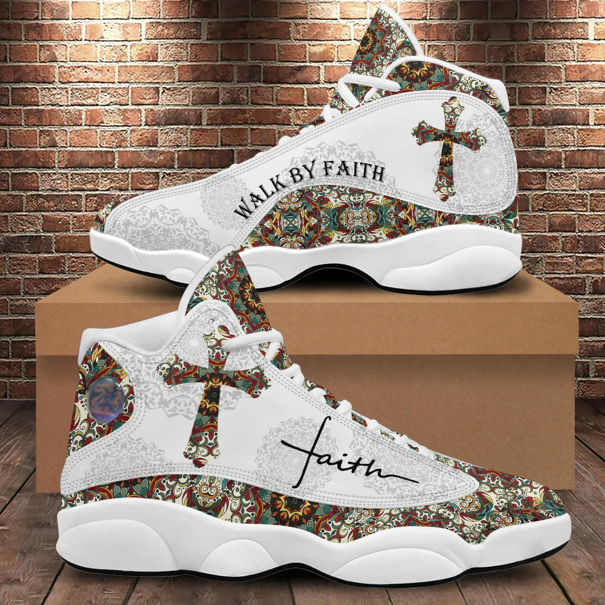 Teesdily | Walk By Faith Boho Design Flower Style Basketball Shoes, God Lover Religious Gifts Shoes With Thick Soles, Xmas Gift