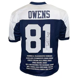 Terrell Owens Signed Dallas Thanksgiving Stats Football Jersey (JSA)