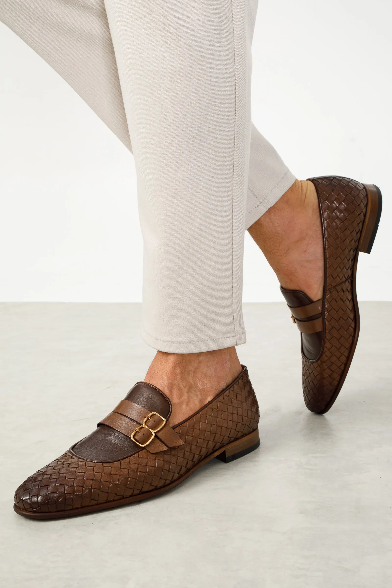 The Vatra Tan Woven Double Monk Strap Men Shoe