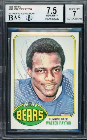 Walter Payton Autographed 1976 Topps Rookie Card #148 Chicago Bears BGS 7.5 Auto Grade 7 Vintage Rookie Era Signature Beckett BAS #15094342