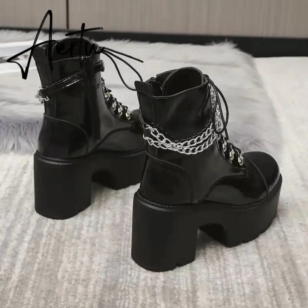 Winter Gothic Punk Womens Platform Boots Black Buckle Strap Zipper Creeper Wedges Shoes Mid Calf Military Combat Boots Women