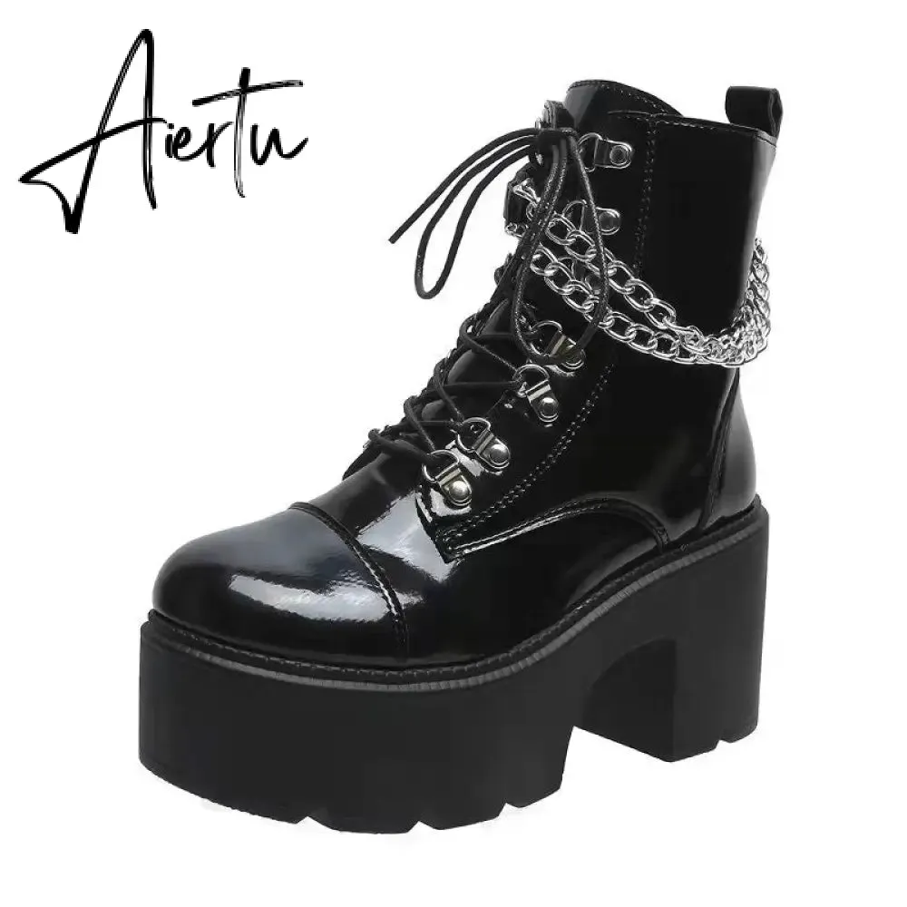 Winter Gothic Punk Womens Platform Boots Black Buckle Strap Zipper Creeper Wedges Shoes Mid Calf Military Combat Boots Women