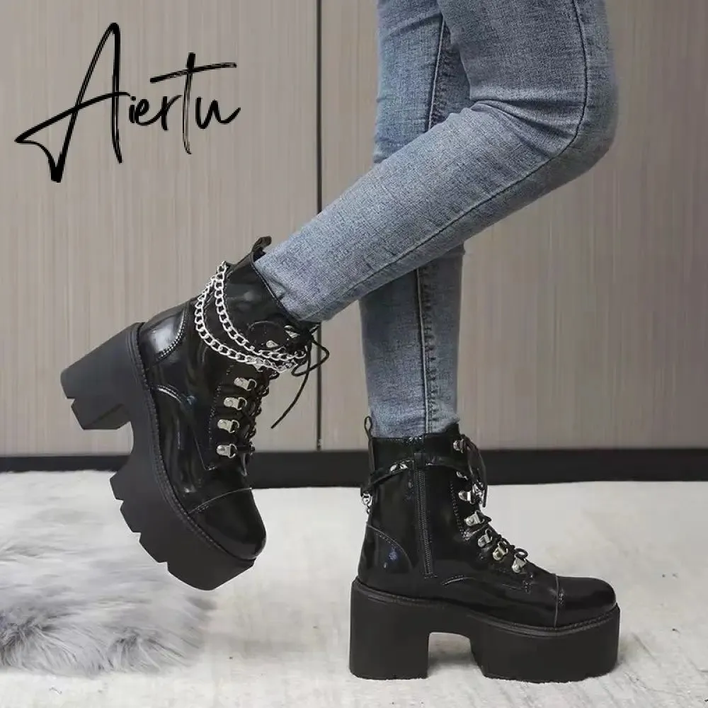 Winter Gothic Punk Womens Platform Boots Black Buckle Strap Zipper Creeper Wedges Shoes Mid Calf Military Combat Boots Women