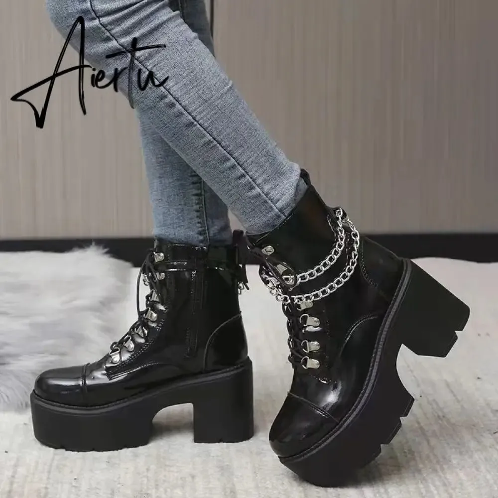 Winter Gothic Punk Womens Platform Boots Black Buckle Strap Zipper Creeper Wedges Shoes Mid Calf Military Combat Boots Women