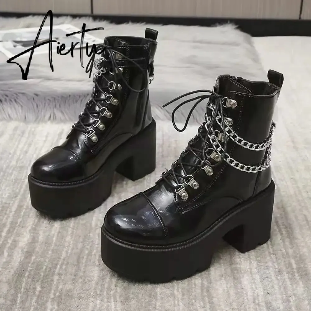 Winter Gothic Punk Womens Platform Boots Black Buckle Strap Zipper Creeper Wedges Shoes Mid Calf Military Combat Boots Women