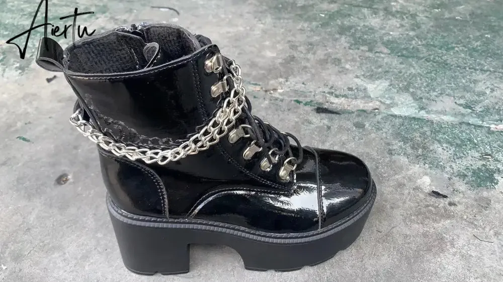 Winter Gothic Punk Womens Platform Boots Black Buckle Strap Zipper Creeper Wedges Shoes Mid Calf Military Combat Boots Women