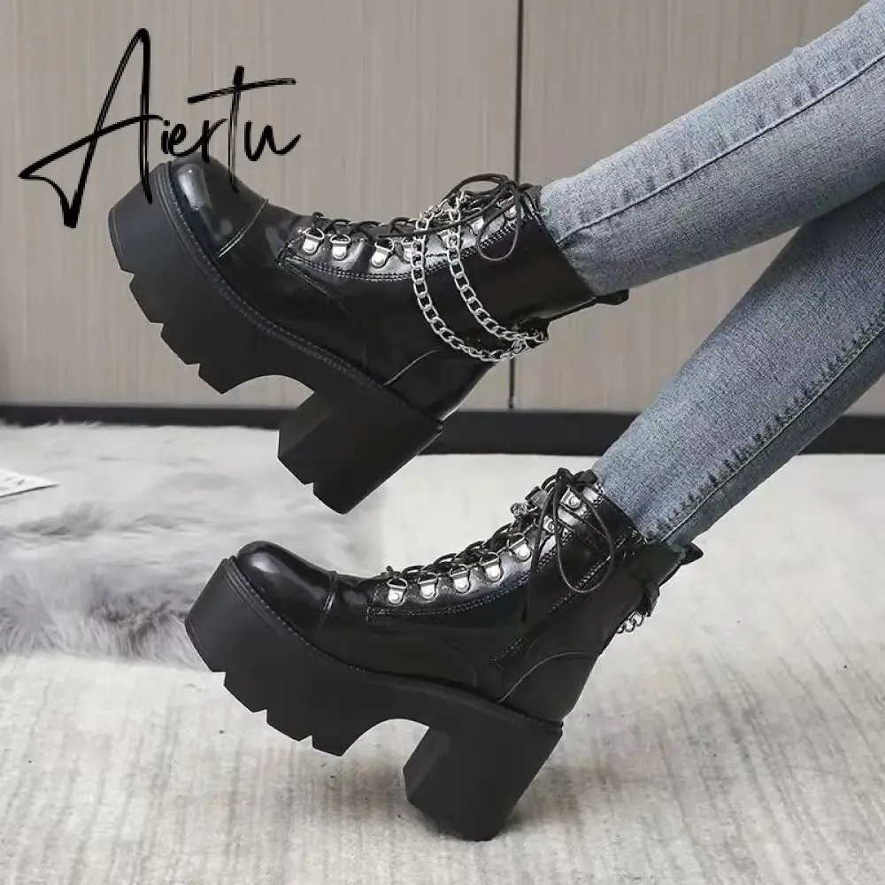 Winter Gothic Punk Womens Platform Boots Black Buckle Strap Zipper Creeper Wedges Shoes Mid Calf Military Combat Boots Women