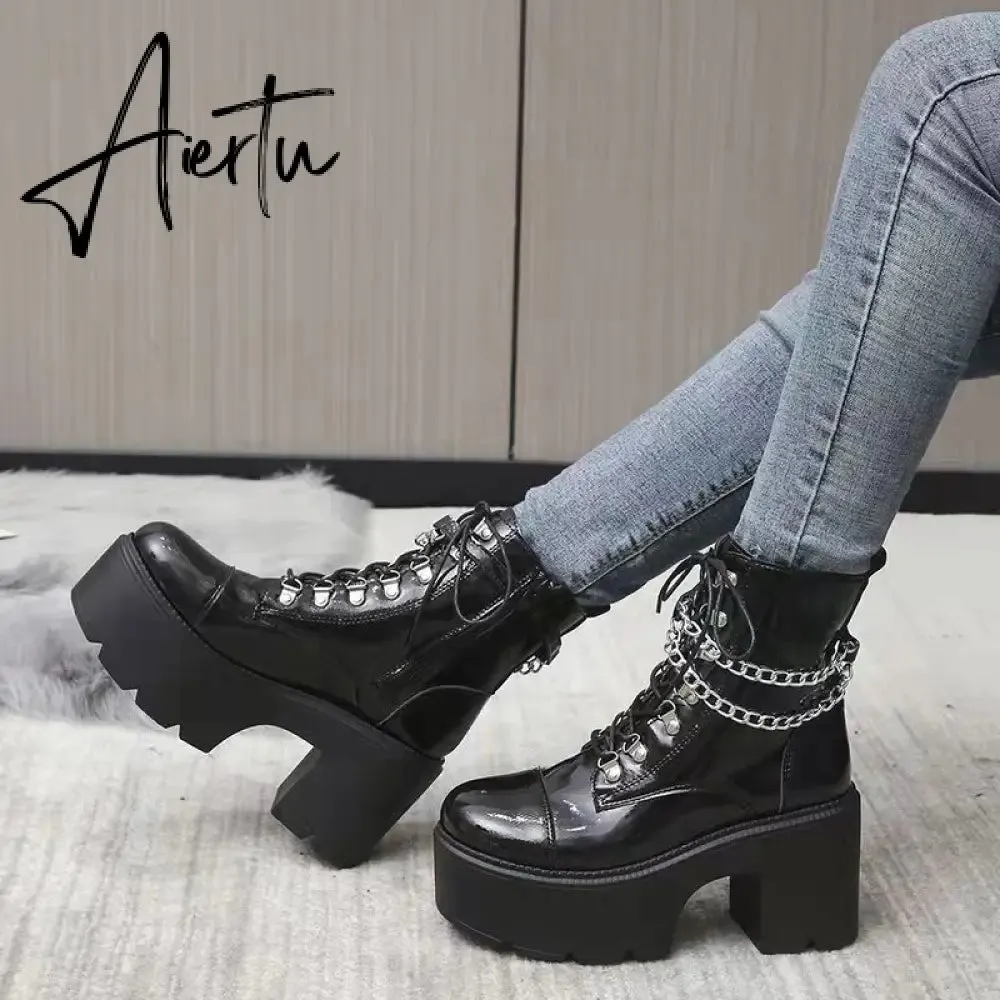 Winter Gothic Punk Womens Platform Boots Black Buckle Strap Zipper Creeper Wedges Shoes Mid Calf Military Combat Boots Women