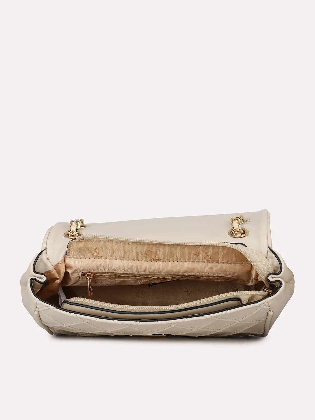 Women Beige Structured Chain Sling Bag with Quilted Texture