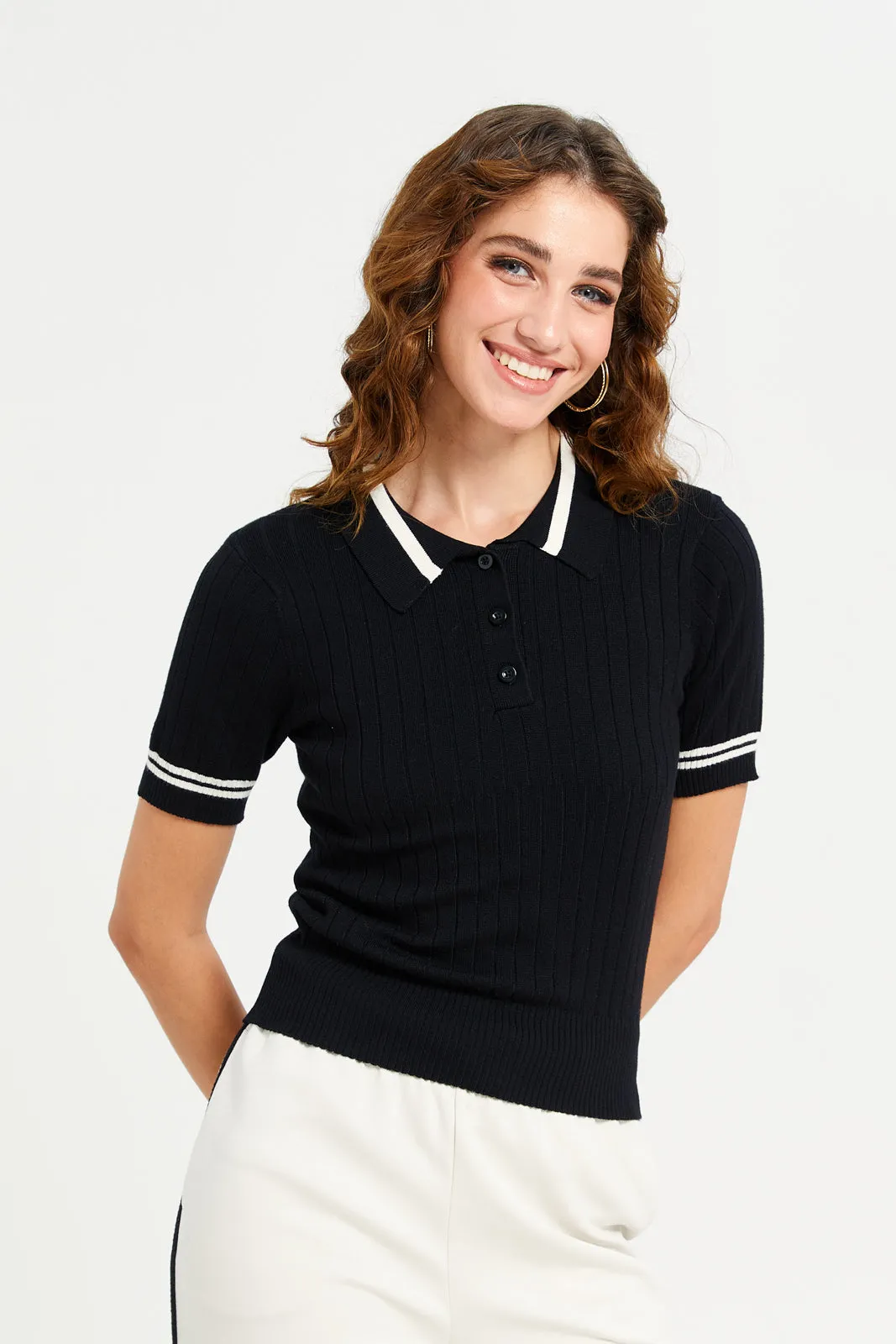 Women Black And White Short Sleeve Contrast Piping Polo T-Shirt