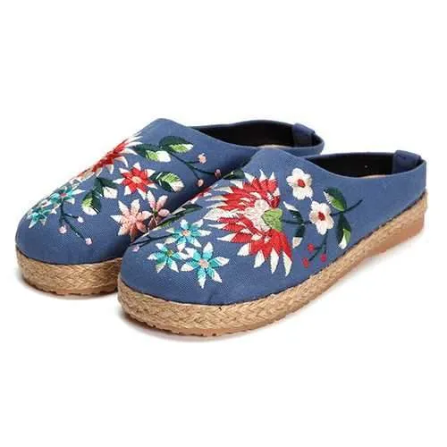 Women Embroidery Flats Flax Casual Floral Slipper