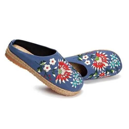 Women Embroidery Flats Flax Casual Floral Slipper