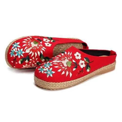 Women Embroidery Flats Flax Casual Floral Slipper