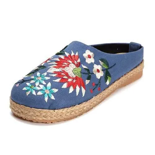 Women Embroidery Flats Flax Casual Floral Slipper