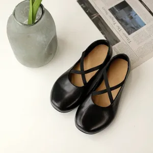 Women Handmade Leather Cross Strap Mary Jane Shoes Black/Coffee