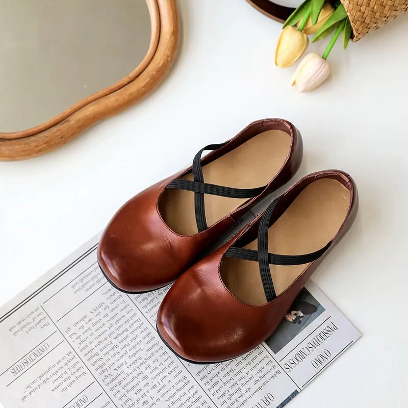 Women Handmade Leather Cross Strap Mary Jane Shoes Black/Coffee