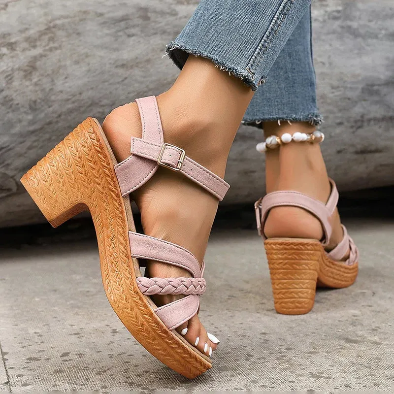 Women Platform Sandalias Cross Band Chunky Heeled Sandles