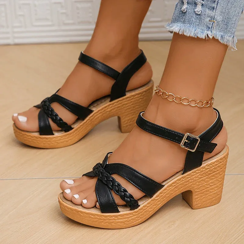 Women Platform Sandalias Cross Band Chunky Heeled Sandles