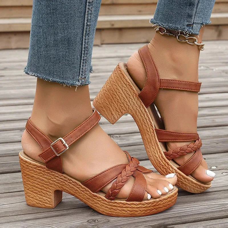 Women Platform Sandalias Cross Band Chunky Heeled Sandles