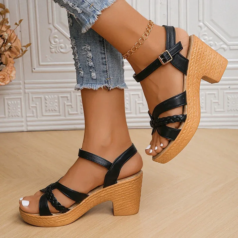 Women Platform Sandalias Cross Band Chunky Heeled Sandles