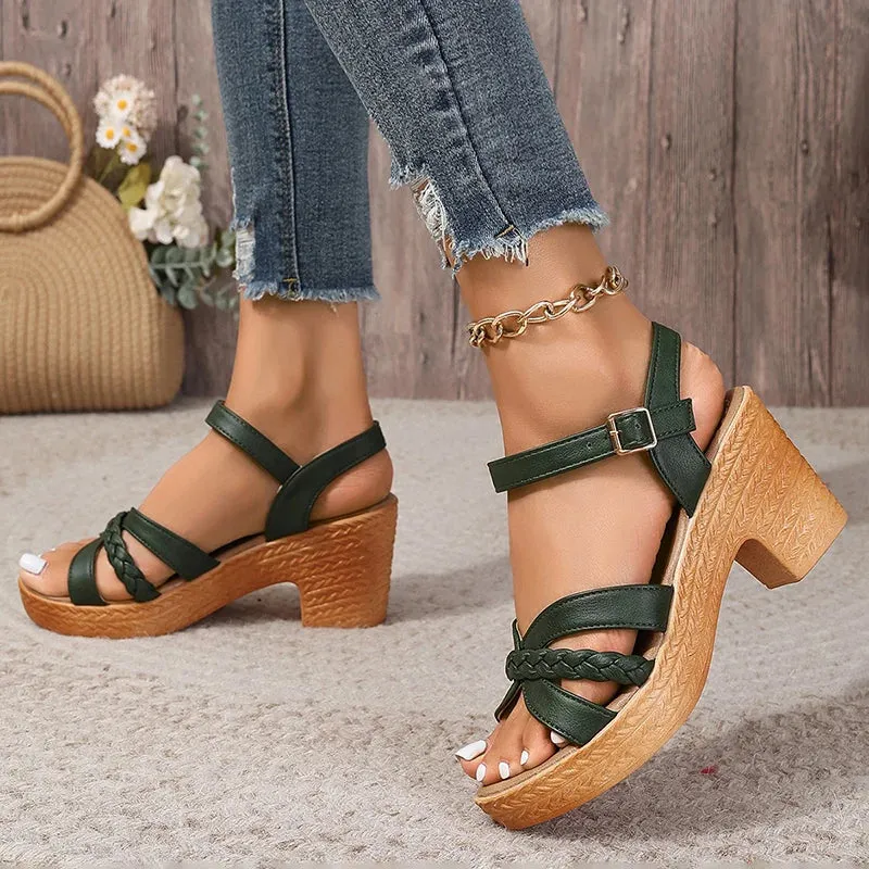 Women Platform Sandalias Cross Band Chunky Heeled Sandles