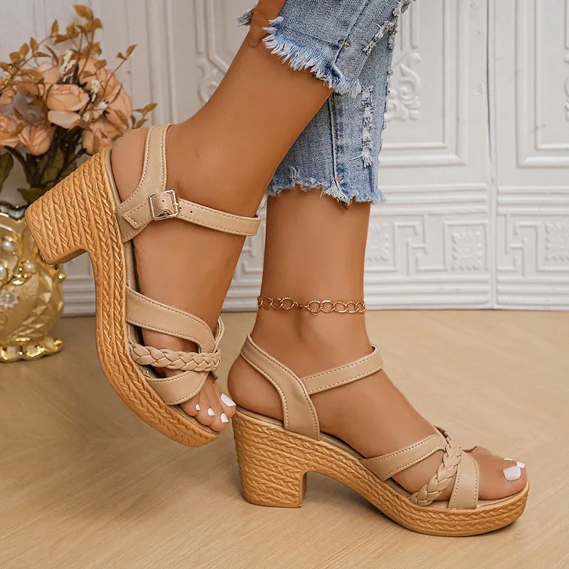 Women Platform Sandalias Cross Band Chunky Heeled Sandles