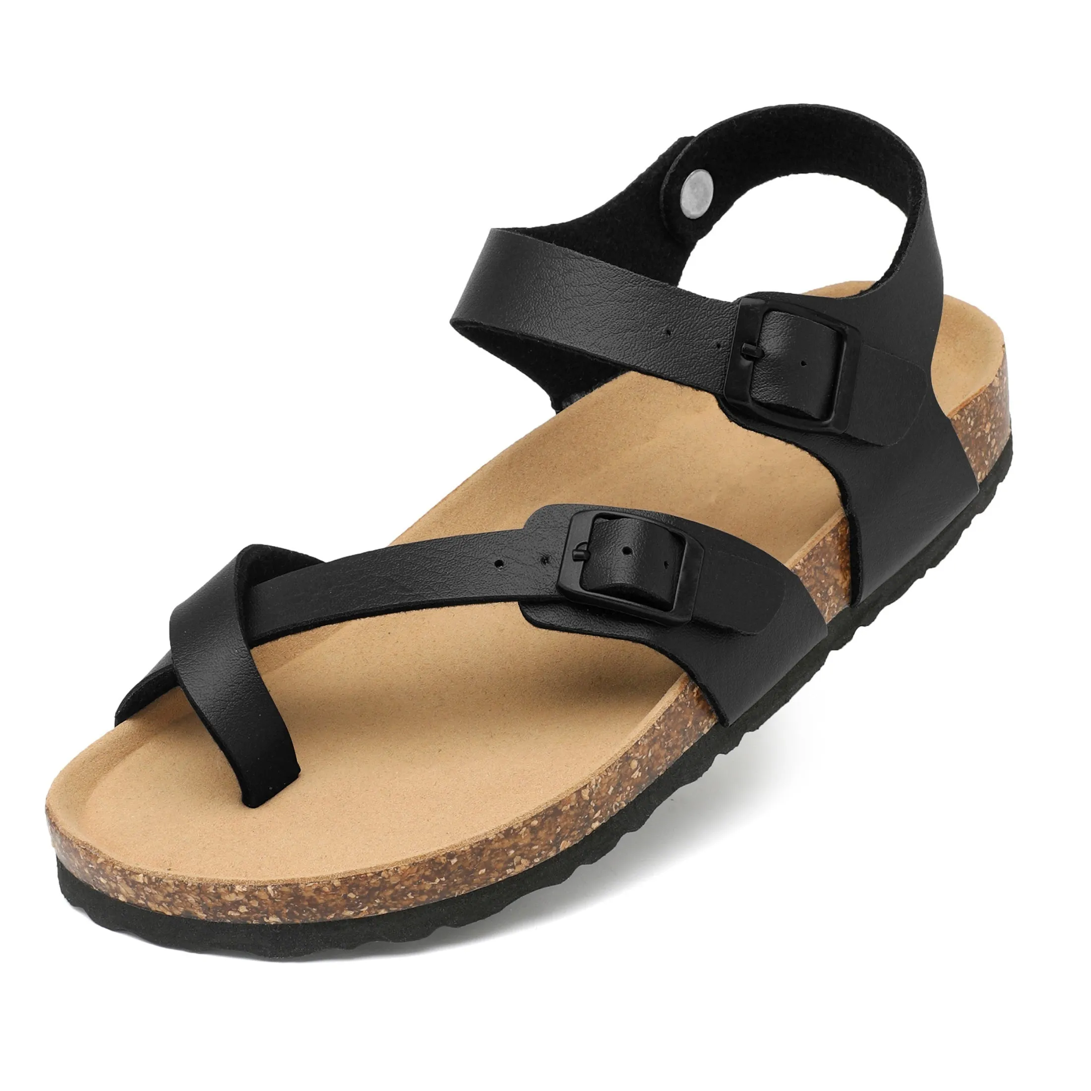 Women's Casual Leather Slides Sandals with Adjustable Buckles, Non-Slip Orthopedic Cork Footbed, Arch Supportive Comfort Fashion Shoes