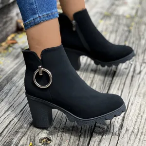 Women's cute black chunky heels booties side cut-out