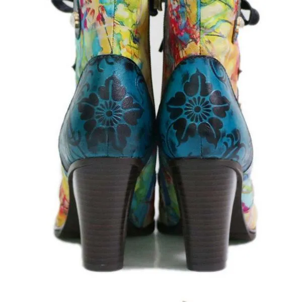 Women's high heeled leather patchwork ankle booties ethnic flower print ankle boots