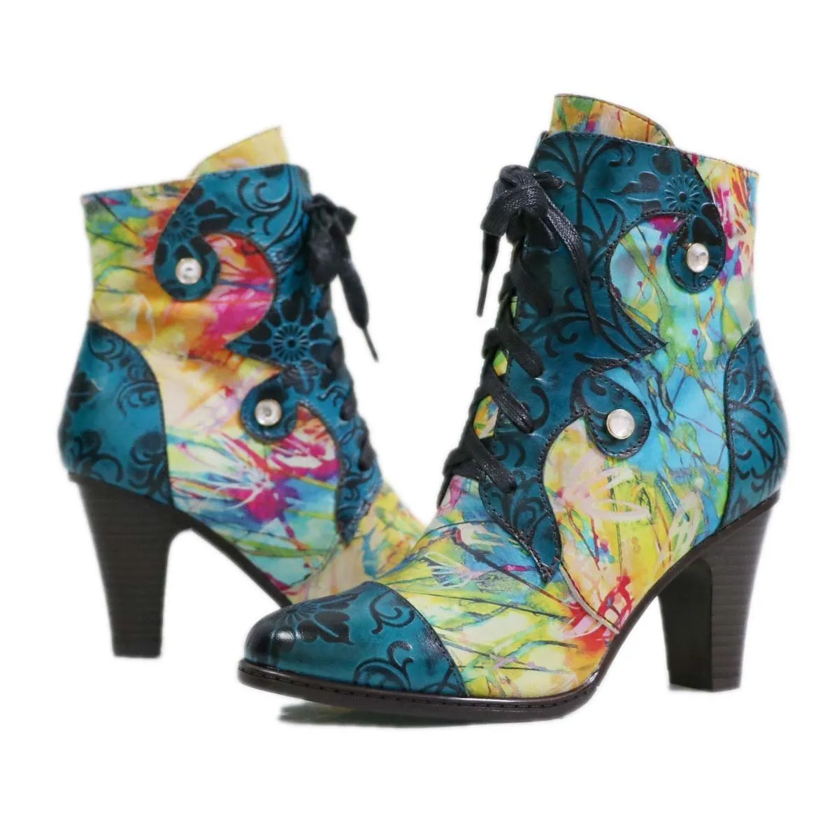 Women's high heeled leather patchwork ankle booties ethnic flower print ankle boots