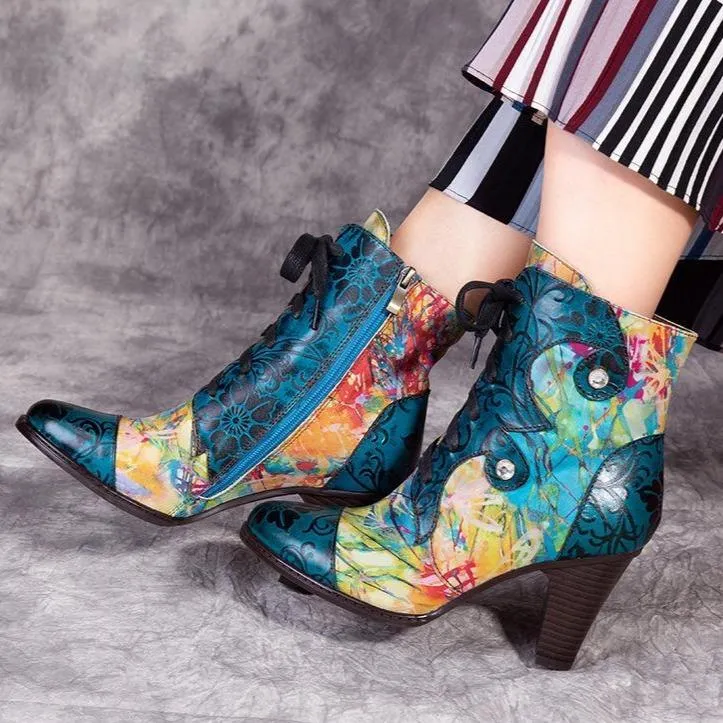 Women's high heeled leather patchwork ankle booties ethnic flower print ankle boots